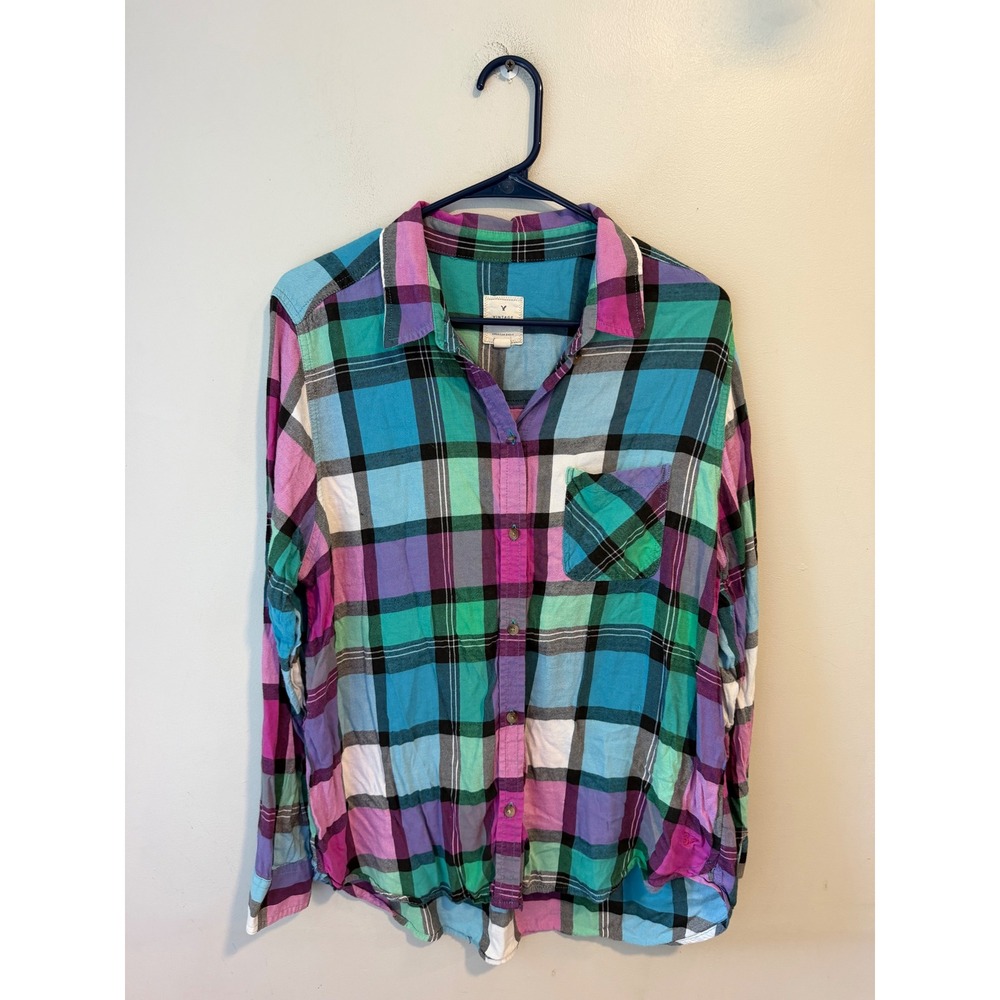 American Eagle Vintage Boyfriend Plaid Button Down Shirt XL Teal Purple Pink